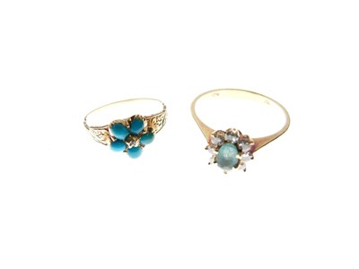 Lot 30 - Yellow metal cluster ring, stamped '750', and unmarked yellow metal turquoise cluster ring