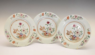 Lot 332 - Three Chinese Canton Famille Rose porcelain plates, circa 1800
