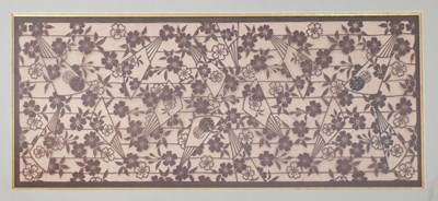 Lot 449 - Japanese School (20th Century) cut out textile on gauze with floral and fan design