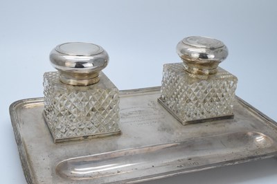 Lot 83 - George V silver presentation desk stand with two cut glass inkwells
