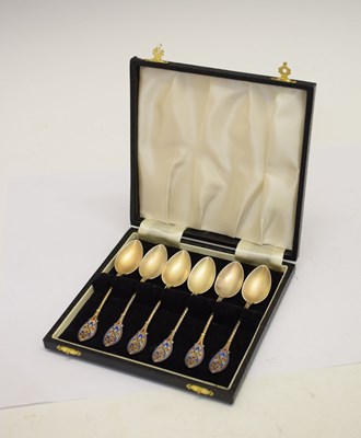 Lot 107 - Marius Hammer - Cased set of six Norwegian white metal and enamel teaspoons