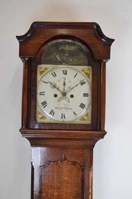 Lot 438 - Late George III oak and mahogany-cased 8-day painted dial longcase clock