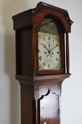 Lot 438 - Late George III oak and mahogany-cased 8-day painted dial longcase clock
