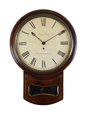 Lot 439 - Mid 19th Century brass-inlaid mahogany drop-dial wall clock- John Hall, Southampton