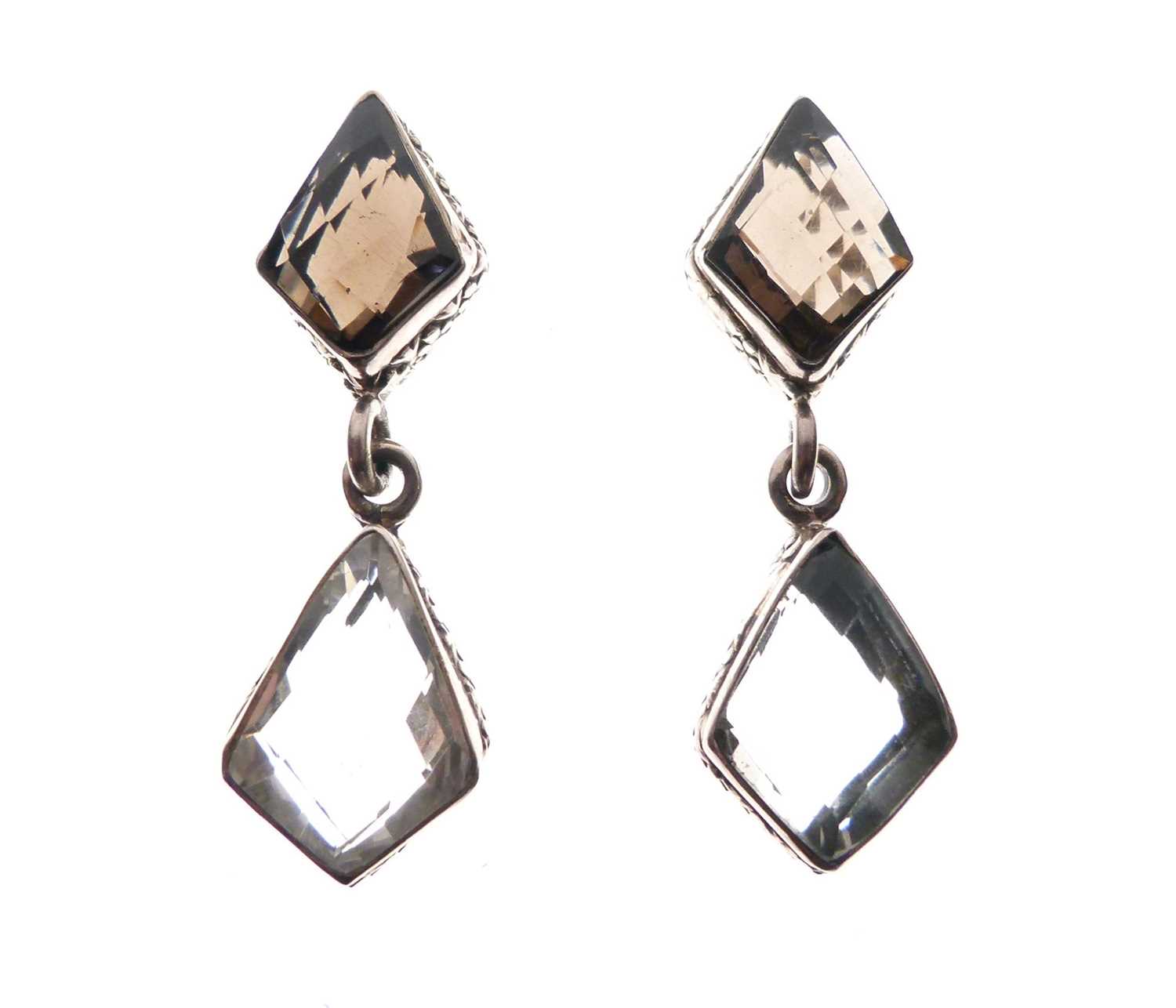 Lot 53 - Pair of Indian white metal drop earrings set with facetted quartz stones