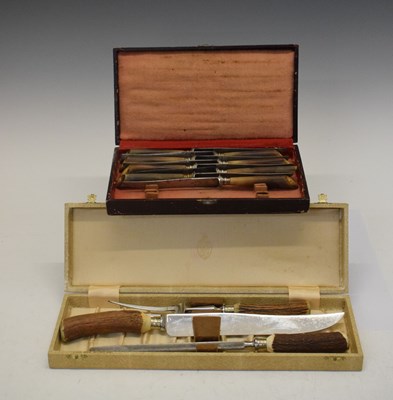 Lot 464 - Cased antler handled three-piece carving set