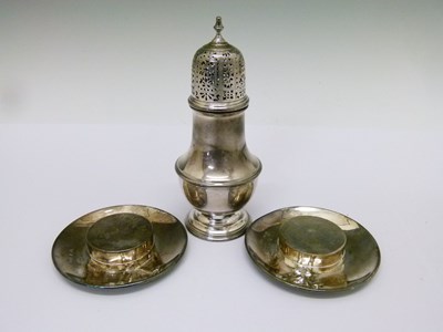 Lot 76 - Pair of 1920s silver hat form dishes and Elizabeth II sugar caster