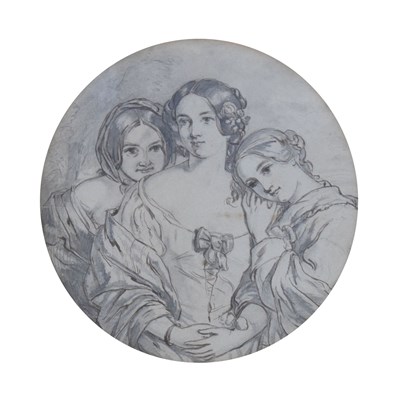 Lot 409 - Early Victorian pen and ink study of three ladies