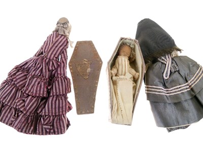 Lot 260 - Wooden peg doll, cloth doll, and coffin doll