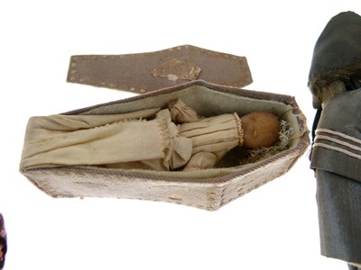 Lot 260 - Wooden peg doll, cloth doll, and coffin doll