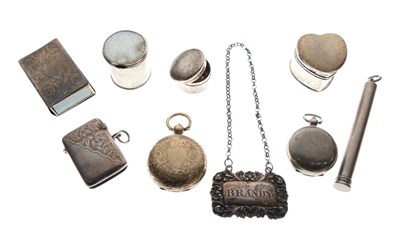 Lot 79 - Edwardian silver heart shaped pill box, together with a quantity of silver vesta cases, pill boxes