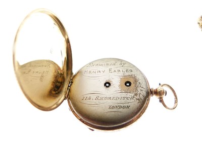 Lot 64 - 18K yellow metal Swiss open face pocket watch together with yellow metal Albert