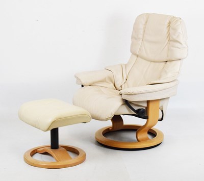 Lot 535 - Ekornes 'Stressless' cream leather swivel easy chair and matched footstool