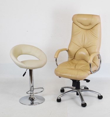 Lot 493 - Beige-covered swivel office/desk chair and a cream covered bar stool