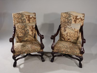 Lot 576 - Pair of open armchairs - castle upholstery