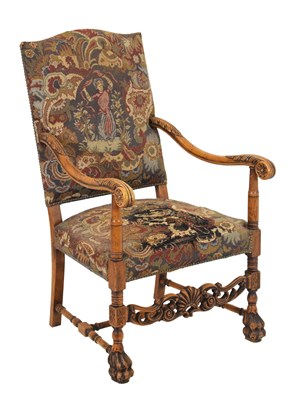 Lot 530 - 'William and Mary' style walnut open armchair, tapestry back and seat