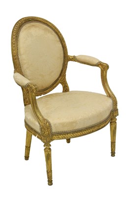 Lot 577 - Stamped late 19th Century giltwood open armchair, Charles Mellier & Co. London