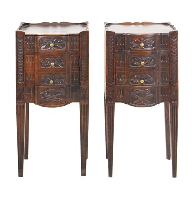 Lot 574 - Pair of Continental three-drawer bedside chests (one a/f)