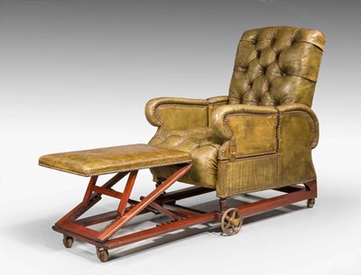 Lot 594 - Victorian invalid chair, deep-buttoned green hide