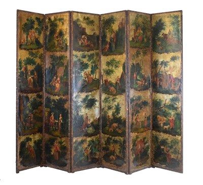 Lot 529 - 19th Century painted leather six-fold screen or room divider