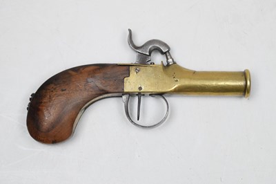 Lot 292 - Belgian brass cannon barrelled overcoat pistol, a brass 6cm barrel integral with the frame