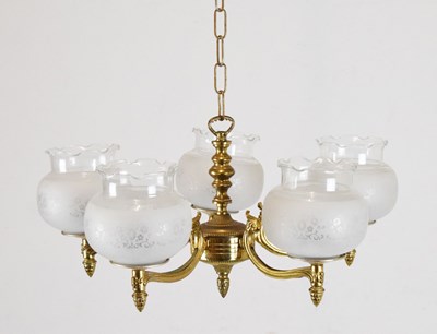 Lot 518 - Five branch brass light fitting with glass shades