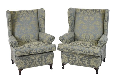 Lot 567 - Pair of green foliate damask chairs