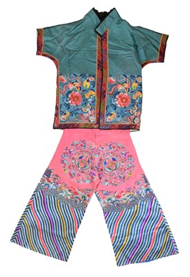 Lot 349 - Chinese embroidered silk short-sleeved jacket, bustier and trousers, plus Summer coat