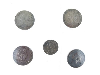 Lot 130 - Queen Anne half crown, three later half crowns, and a George II LIMA shilling