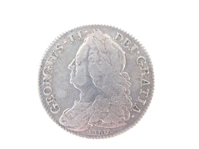 Lot 130 - Queen Anne half crown, three later half crowns, and a George II LIMA shilling