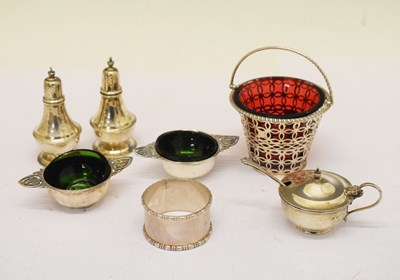 Lot 129 - George V five piece silver condiment set, together with cranberry glass and silver basket