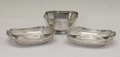 Lot 147 - Pair of Edwardian silver bonbon dishes with pierced rims and a square silver trophy bowl