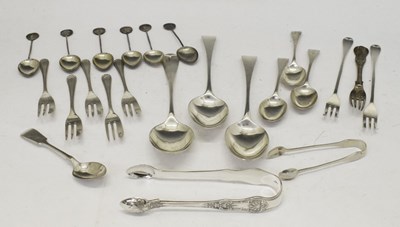 Lot 149 - Quantity of silver flatware to include sugar tongs, pickle fork etc