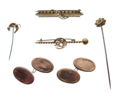 Lot 75 - Two yellow metal stick pins, stamped '15kt', together with brooches and cufflinks