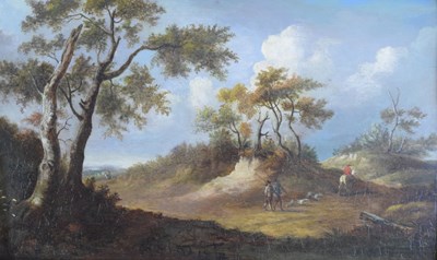 Lot 422 - 19th Century Continental School - Oil on panel - Wooded landscape with horsemen and hunters