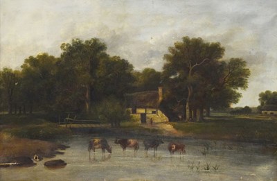 Lot 465 - Oil on canvas - Cattle watering