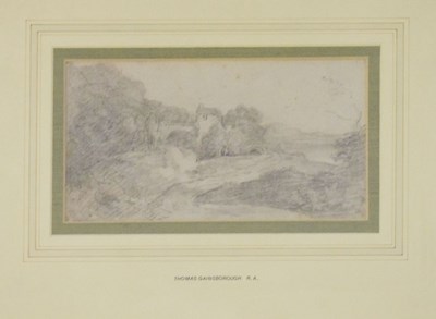 Lot 543 - Pencil drawing of country house with arch in landscape