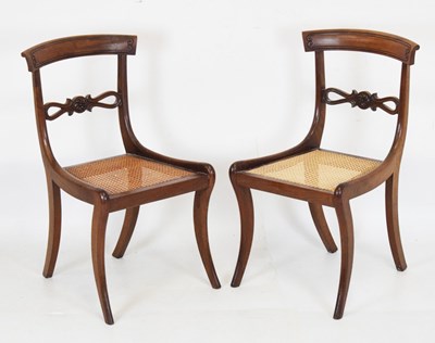 Lot 499 - Pair of mahogany cane seated dining chairs, hanging corner shelves