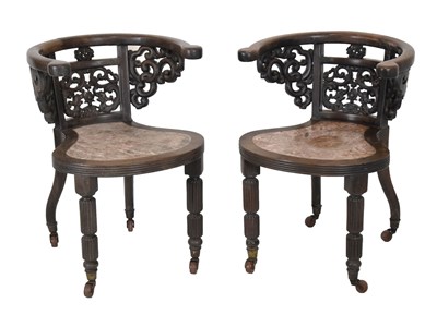 Lot 592 - Pair of Chinese hardwood tub chairs with marble seats