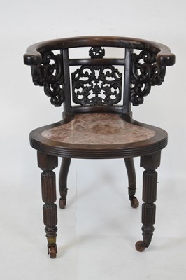 Lot 592 - Pair of Chinese hardwood tub chairs with marble seats