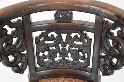 Lot 592 - Pair of Chinese hardwood tub chairs with marble seats