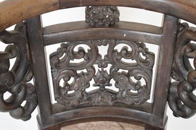 Lot 592 - Pair of Chinese hardwood tub chairs with marble seats