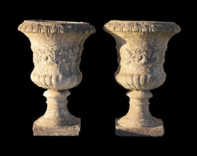 Lot 600 - Pair of composite stone pedestal planters