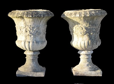 Lot 602 - Pair of composite stone pedestal planters