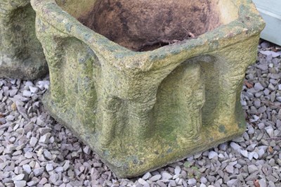 Lot 555 - Pair of composite stone pentagon garden planters with figural decoration