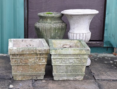 Lot 556 - Pair of composite stone square garden planters, together with an urn and plastic urn