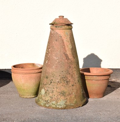 Lot 572 - Two terracotta garden pots, together with a rhubarb forcer with cover