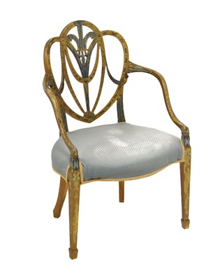 Lot 571 - George III open armchair, circa 1800, gilded and painted with oak husk decoration