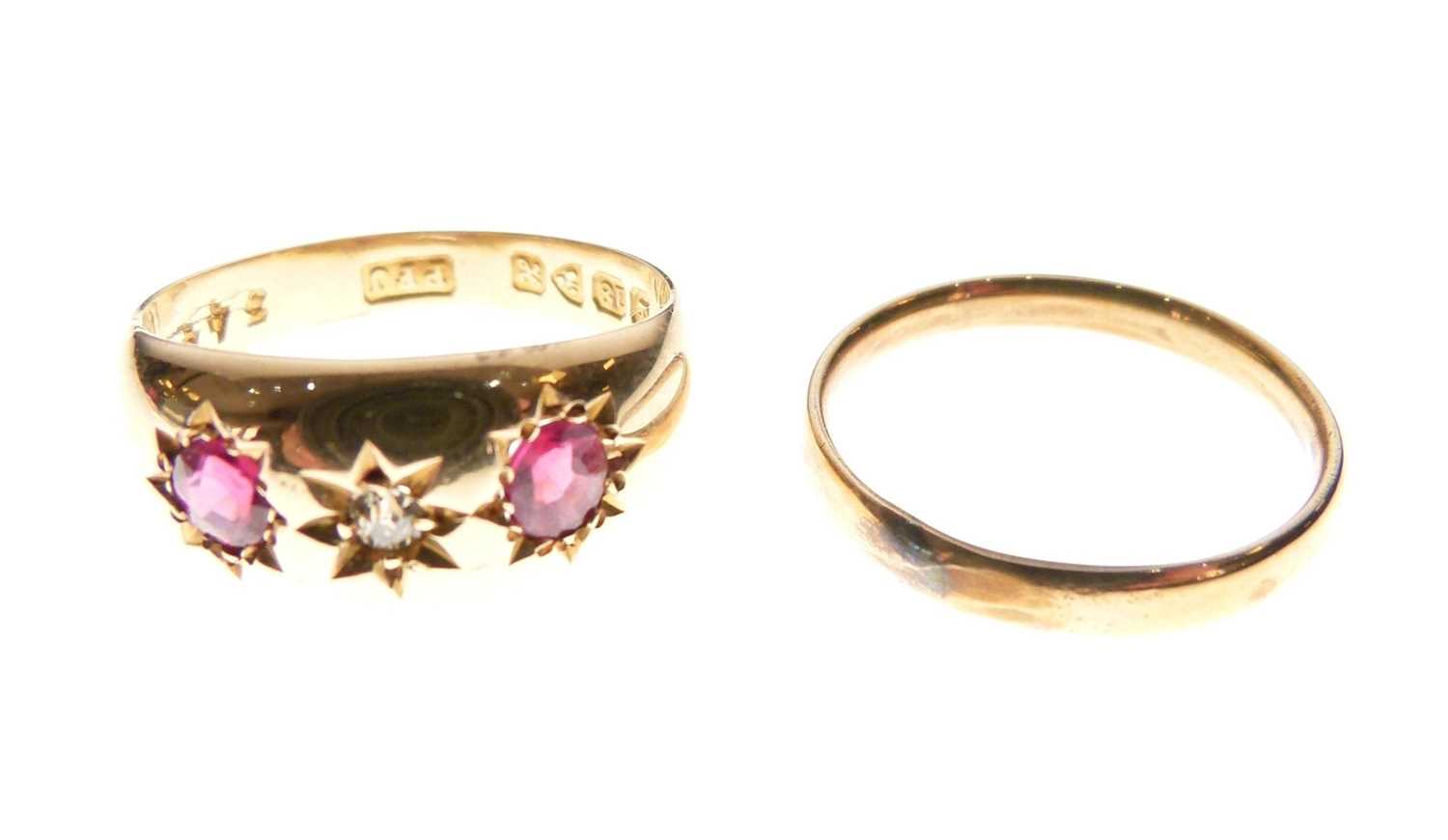 Lot 17 - 18ct gold gypsy-set diamond and red coloured stones, and an unmarked yellow metal wedding band