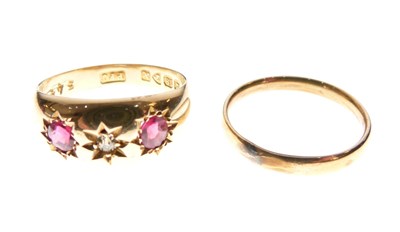 Lot 17 - 18ct gold gypsy-set diamond and red coloured stones, and an unmarked yellow metal wedding band